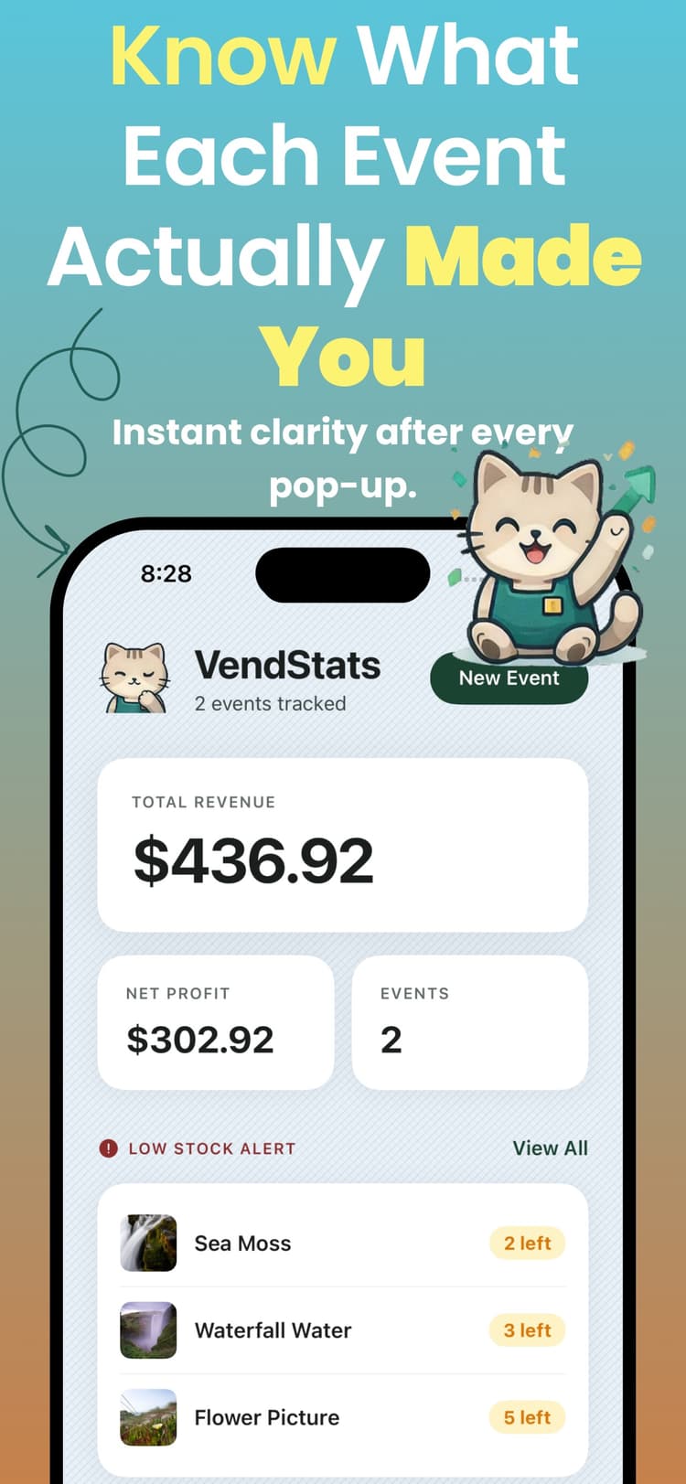 VendStats event summary screen